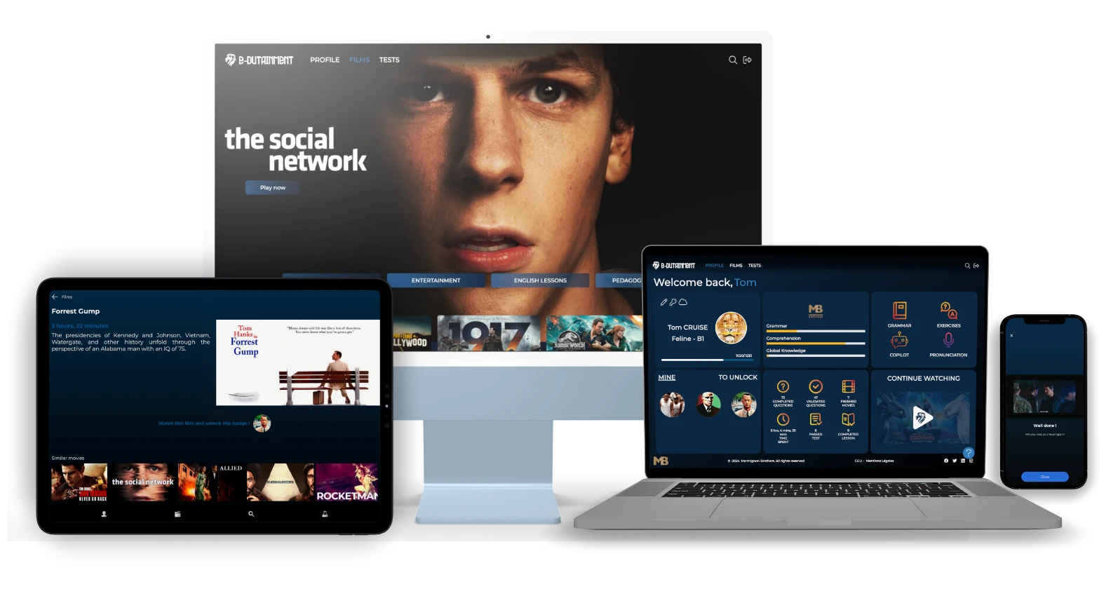 Application d'apprentissage de l'anglais e-dutainment accessible sur ordinateur, tablette et mobile pour une formation multi-support basée sur les films et séries.