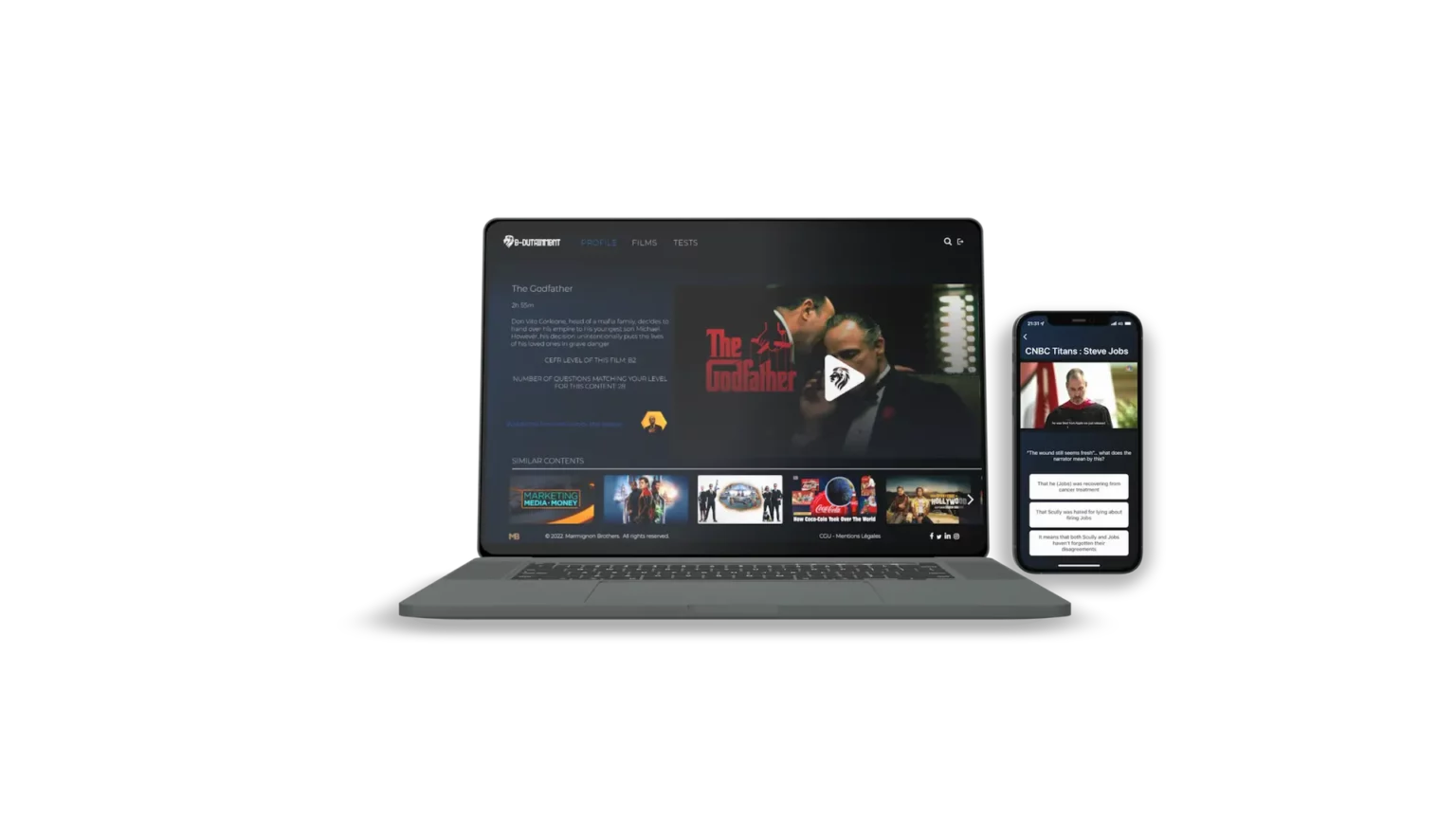 Méthode d'apprentissage multi-supports permettant de suivre ses cours d'anglais sur ordinateur et mobile simultanément.