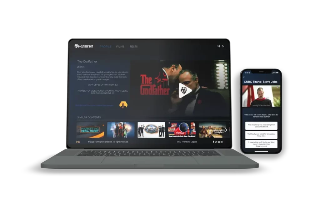 Méthode d'apprentissage multi-supports permettant de suivre ses cours d'anglais sur ordinateur et mobile simultanément.