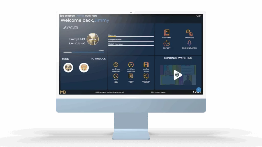 Interface du profil apprenant e-dutainment avec accès direct aux exercices de prononciation et au suivi du niveau d'anglais.