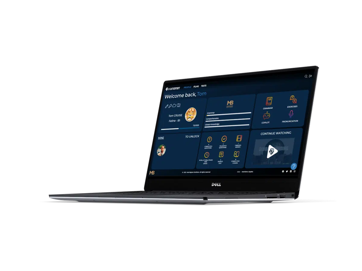 Tableau de bord apprenant affichant les statistiques de progression, le niveau B1 et les badges débloqués sur e-dutainment.