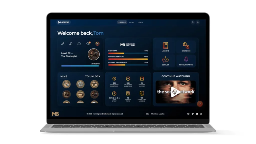 Tableau de bord e-dutainment affichant le niveau CECRL, la progression et les activités interactives d'anglais